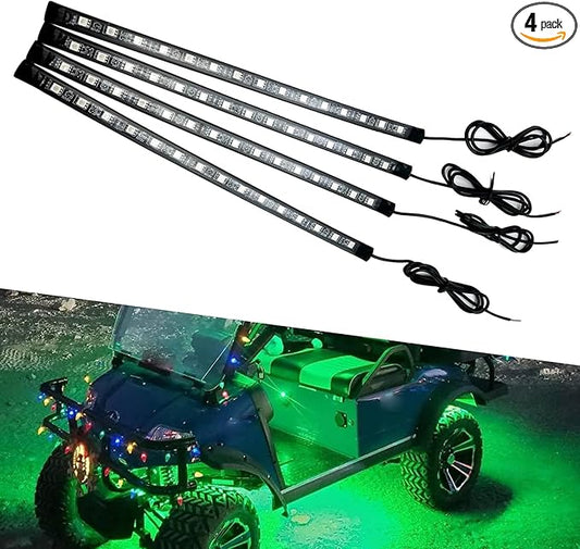 4 PCS Car LED Strip Lights, 5050-15SMD High Brightness Flexible Lamp Strips, IP67 Waterproof 12V DC Bulb with Back-adhesive, Universal Ambient Lighting for Cars Motorcycles Boats (Green)