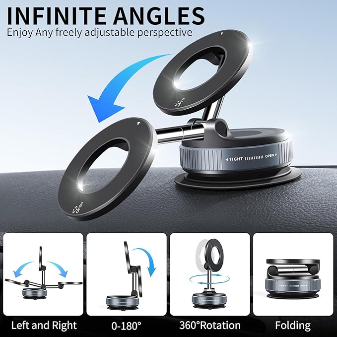 ILKCC Vacuum Suction Magnetic Phone Holder, 2025 Upgraded Vacuum Suction Cup Mount for Magsafe, 360° Adjustable Foldable Portable Magnetic Car Phone Stand for Cars/Gyms/Mirrors/Smooth Surface (White)