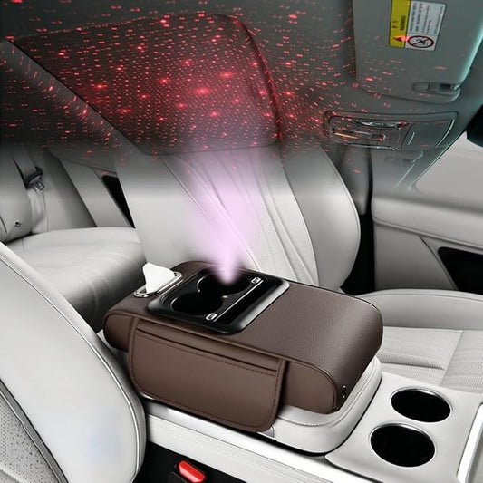 Car Armrest Pad Cover with Red Starry Sky LED Projection, Dual Type-C Charging Ports, Leather Car Center Console Cushion with Cup Holder, Tissue Holder (Red Starry Sky LED Projection, Coffee)