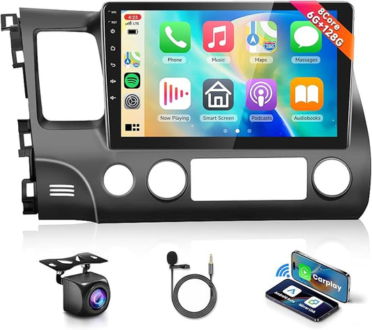 8 CORE 6G+128G Car Stereo Radio for Honda Civic 2006-2011 with Wireless CarPlay Android Auto, 10.1 Inch 1280 * 720P IPS Touch Screen Head Unit Android 13 GPS WiFi Bluetooth 32-Band DSP SWC HD Camera