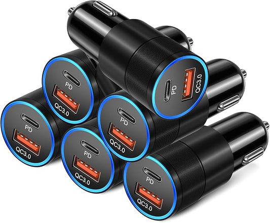 6 Pack USB C Car Charger, Bangfun 36W Dual 12V USB-C & USB-A Car Charger Multi Port QC+PD 3.0 Fast Charging Cigarette Lighter Adapter Phone Plug for iPhone 17 16 15 14 13 12 Pro Galaxy Pixel Android
