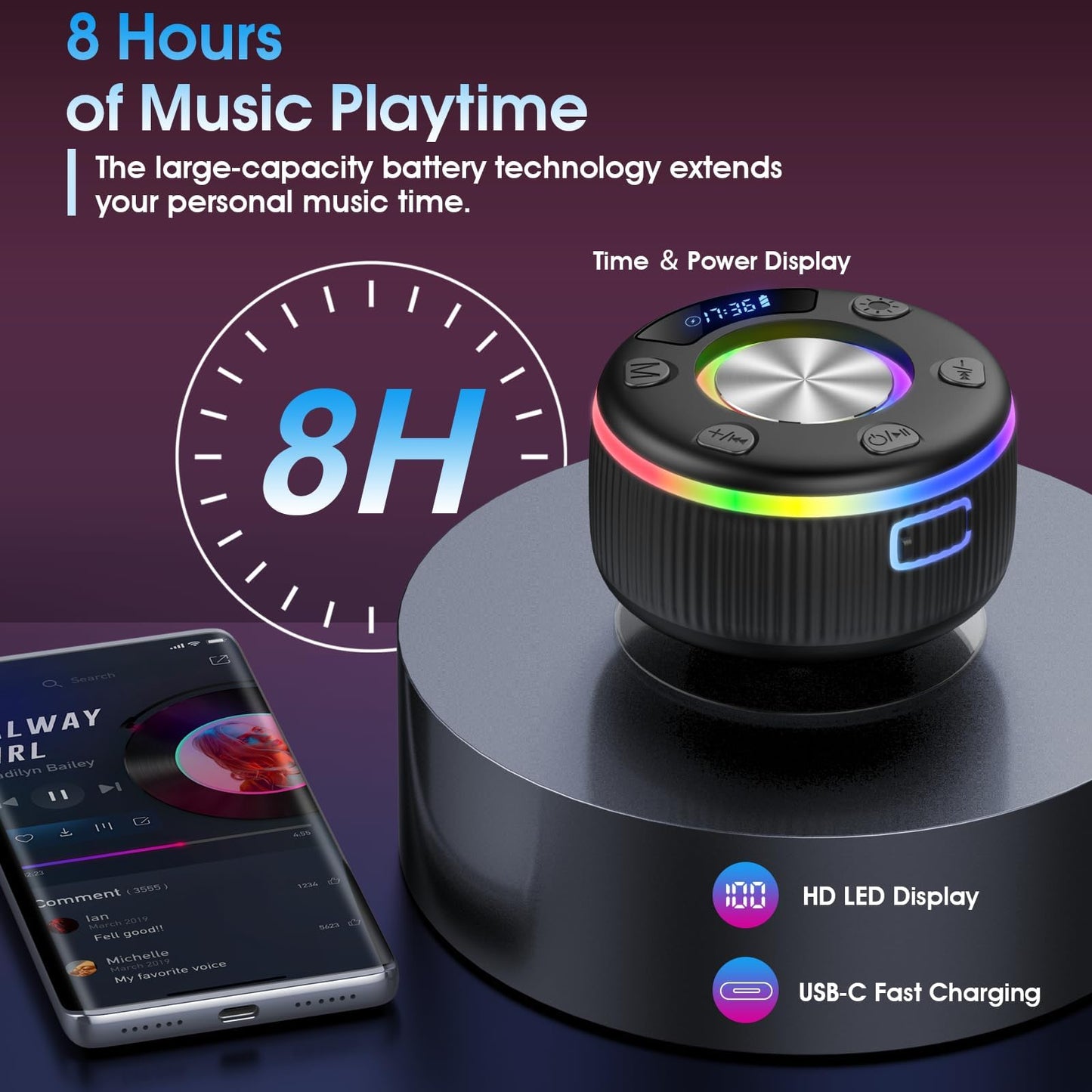 Bluetooth Shower Speaker, IP7 Waterproof Portable Bluetooth 5.3 Speakers with Suction Cup, Mini Wireless Speaker with RGB Lights Time Display, Loud Stereo Sound for Bathroom Beach Travel Outdoor Party