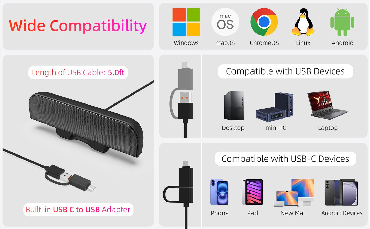 Computer Speakers for Desktop PC, Monitor Speakers, USB Plug-in, Wired, External Speaker for Laptop, Small Computer Soundbar for PC, with Loud Sound, Deep Bass, USB-C Adapter, Easily Clamp to Monitor