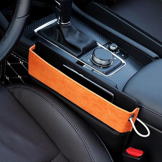 Car Seat Organizer with Gap Filler, 2-in-1 Luxurious Microfiber Storage Box and Leather Seat Console Gap Filler Drop Blocker Stopper Accessories for Sedan SUV Truck Van (Black/Orange, 1 Set)