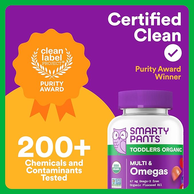 SmartyPants Organic Toddler Multivitamin Gummies: Omega 3 (ALA), Vitamin D3, C, Vitamin B12, B6, A, K & Zinc for Immune Support, Biotin, Vegetarian, Two Fruit Flavors, 60 Count (30 Day Supply)