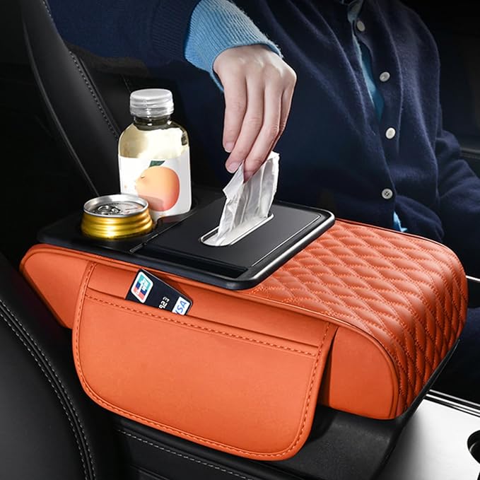 Car Center Console Armrest Pad, Arm Rest Box Cushion with Ergonomic Height Boost, Storage Pockets, Built-in Tissue Box, Cupholder, Fit for Most Sedan Vehicles (Embroidery Water Ripple, Grey)