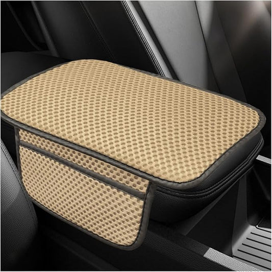 Car Center Console Cover, Cooling Auto Armrest Cushion Pad with 2 Storage Bags, Breathable Elbow Pillow Middle Console Protector, Universal Vehicle Interior Accessories (Beige)