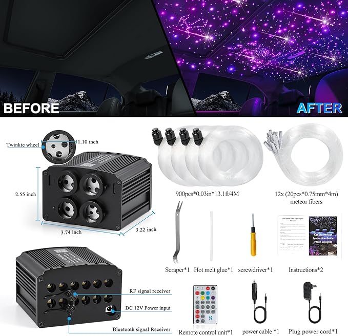 Car Starlight Headliner Kit, 4 Colors 32W Twinkle & Meteor Fiber Optic Ceiling Lights, 2 in 1 Light Engine 900pcs*0.03in*13.1ft+240 RGBW Shooting Stars Lights for Car Roof Décor