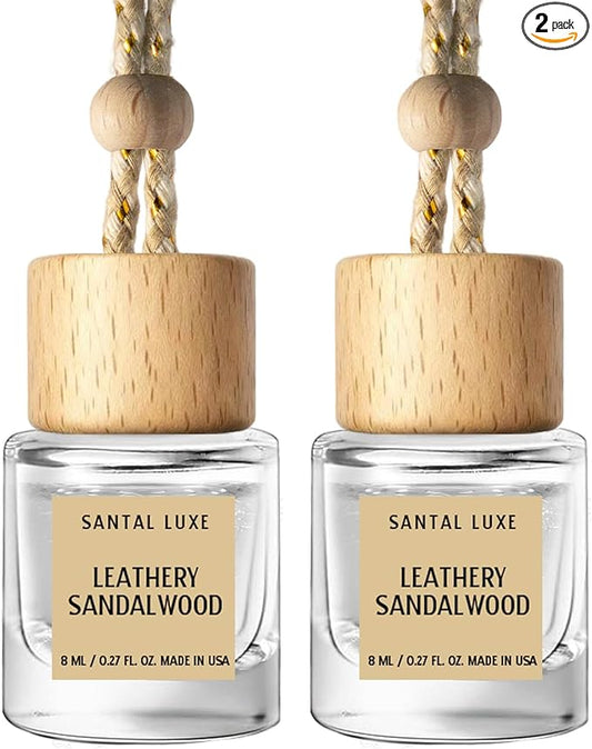 C Classy Hanging Car Air Freshener 2 Pack, Leathery Sandalwood Essential Oil Diffuser, Long-Lasting Fragrance, Cute Glass Bottle Car Accessories for Women & Men, Made in USA