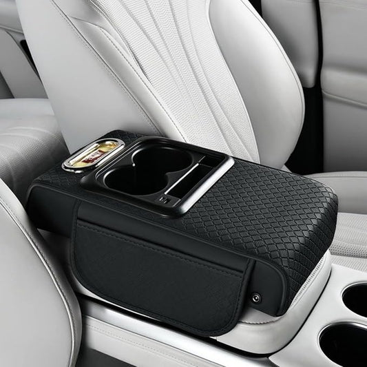 2026 Upgraded Car Center Console Cushion with 30w USB& Type-C Charging Ports, Leather Car Armrest Pad Cover, Interior Accessories for Most Vehicles (Classic Flat Version, Black)
