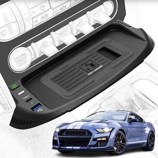 2025 New Version Car Wireless Charger for Ford Mustang 2015-2023 All Models, 15W Fast Charging Phone Tray with 27W USB + Type-c Port Qi Phone Wireless Charger, Black