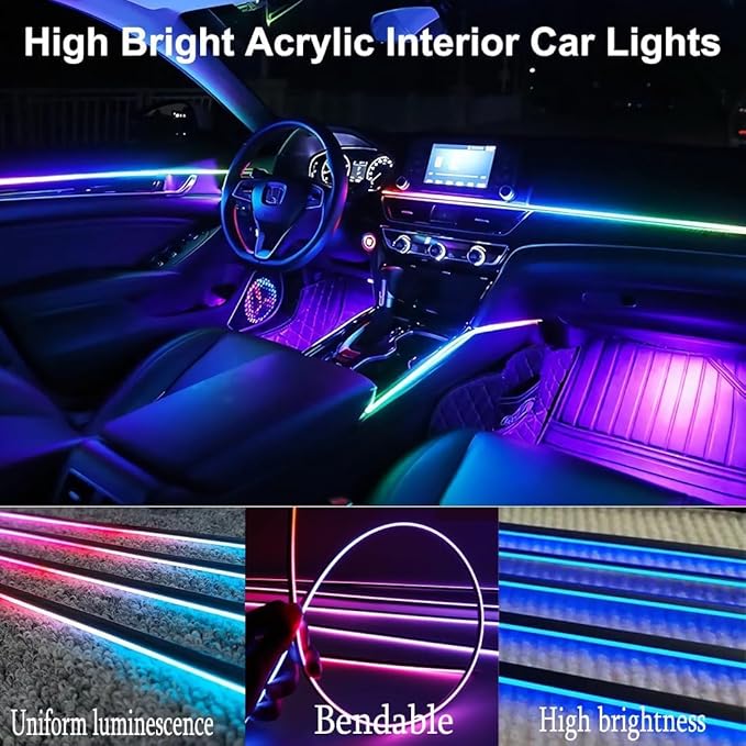 Ambient Lighting Car Led Lights Interior,43.3in USB RGB Dreamcolor Acrylic Neon Flexible Strip Fiber Optic LED Ambient Lighting Kits with Remote APP, RGB Music Lights Sync for Inside car Decorations