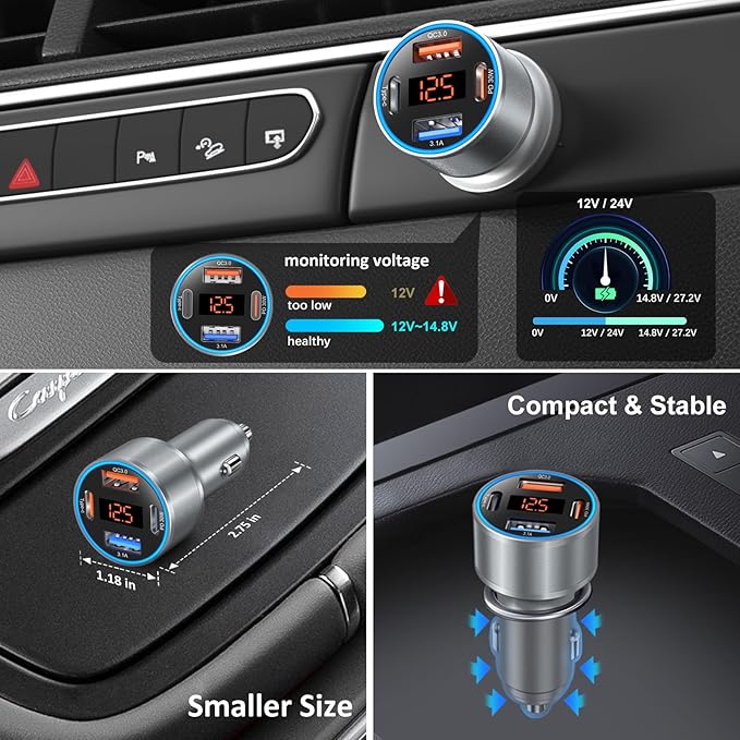 65W Car Charger USB C Fast Charger for iPhone 17/16e/15 Pro Max, 4-Port Dual USB-C&USB-A Fast Charging Cigarette Lighter Adapter with Voltage Meter QC+PD 3.0 Car Phone Charger for Galaxy S25 S24 A16