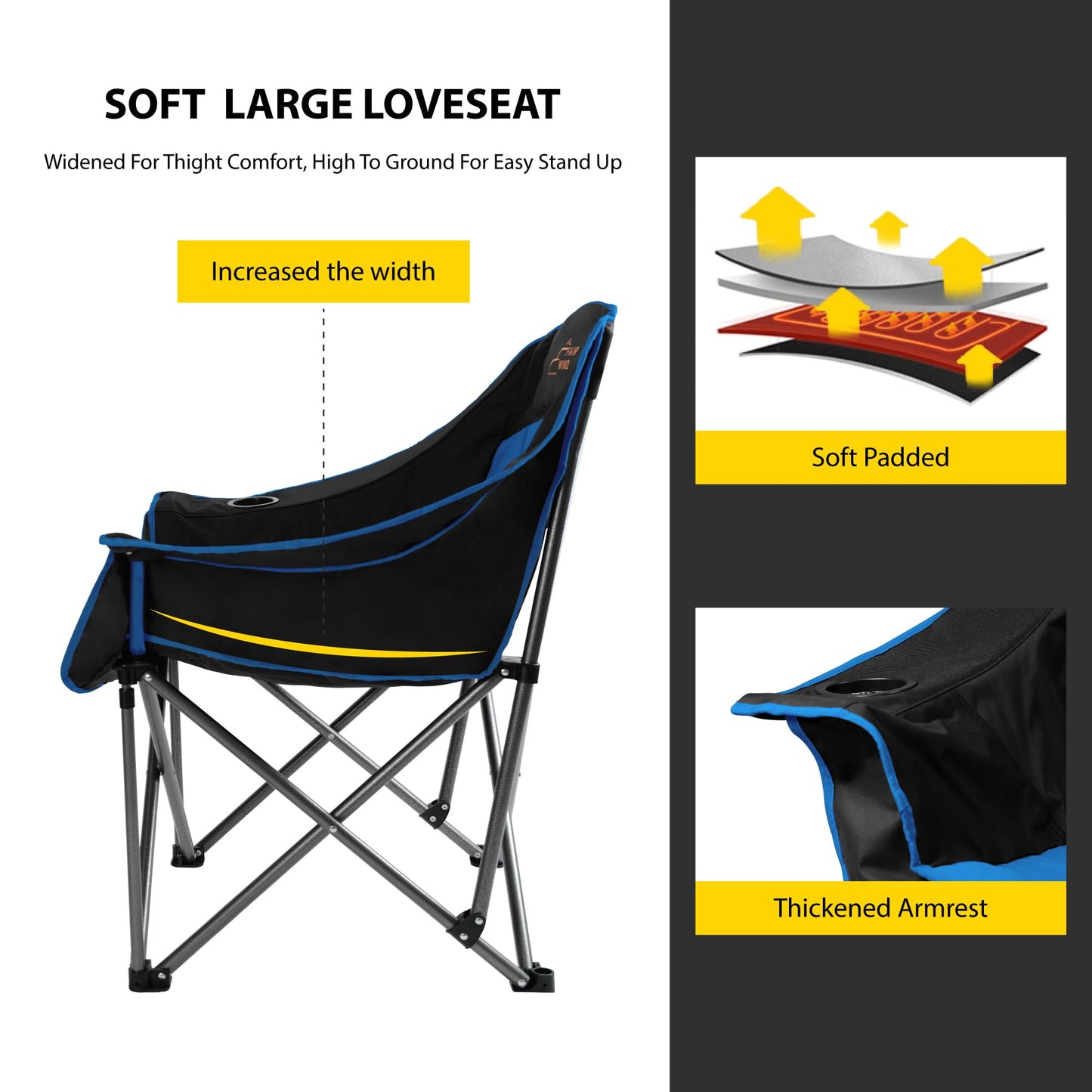 FAIR WIND Oversized Padded Camping Chair Heavy Duty Quad Fold Arm Chair Portable for Outdoor - Support 450LBS, Blue