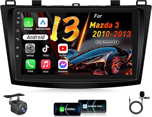 Car Stereo for Mazda 3 2010-2013: 4+64GB, Wireless CarPlay &Android Auto Car Radio, 9" HD Touchscreen Receiver, GPS, BT5.4, FM, SWC, 1080P Backup Camera (Fit for Bose System)