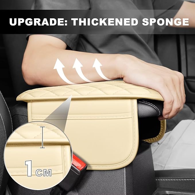 Upgraded Car Center Console Cover Fit for bZ4X Faux Leather Car Armrest Cover Cushion with 2 Storage Bags,Car Armrest Storage Box Interior Accessories(Beige&Whiteline)