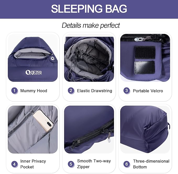 Down Sleeping Bag for Adults 0°F 10°F 15°F 20°F Backpacking Sleeping Bag for Cold Weather with Compression Sack