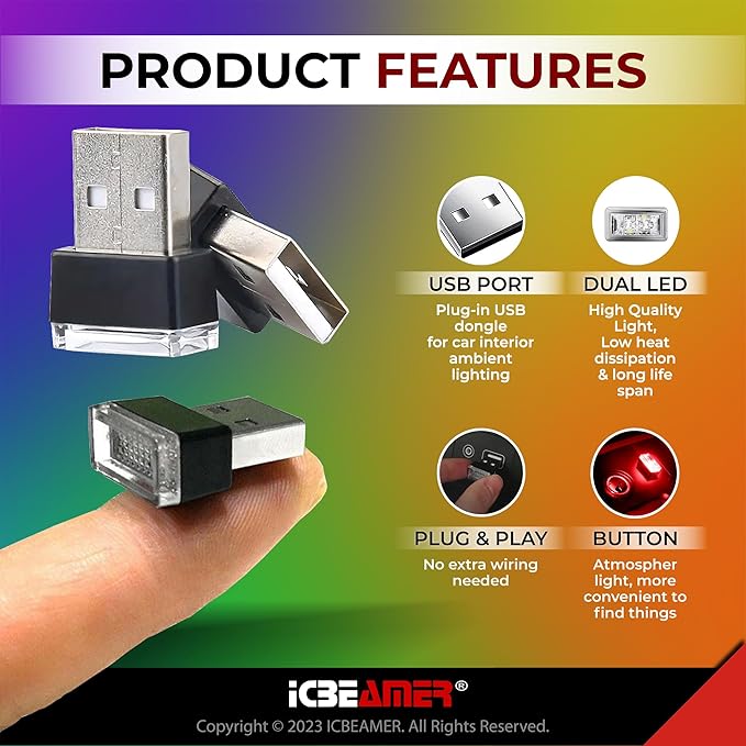 ICBEAMER USB Type-A LED Night Light 2-Pack (Red) | Plug-in Universal Fit Automotive Accessory for Car Interior and Trunk Ambient Atmosphere Lighting