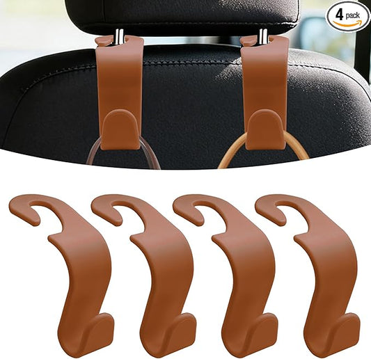 4PCS Car Seat Headrest Hooks, Purse Hook for Car, Auto Back Seat Organizer Storage Hanger Holder, Auto Accessories Multi-Use Portable Headrest Organizer Holder for Purse Handbag Coats (Brown)