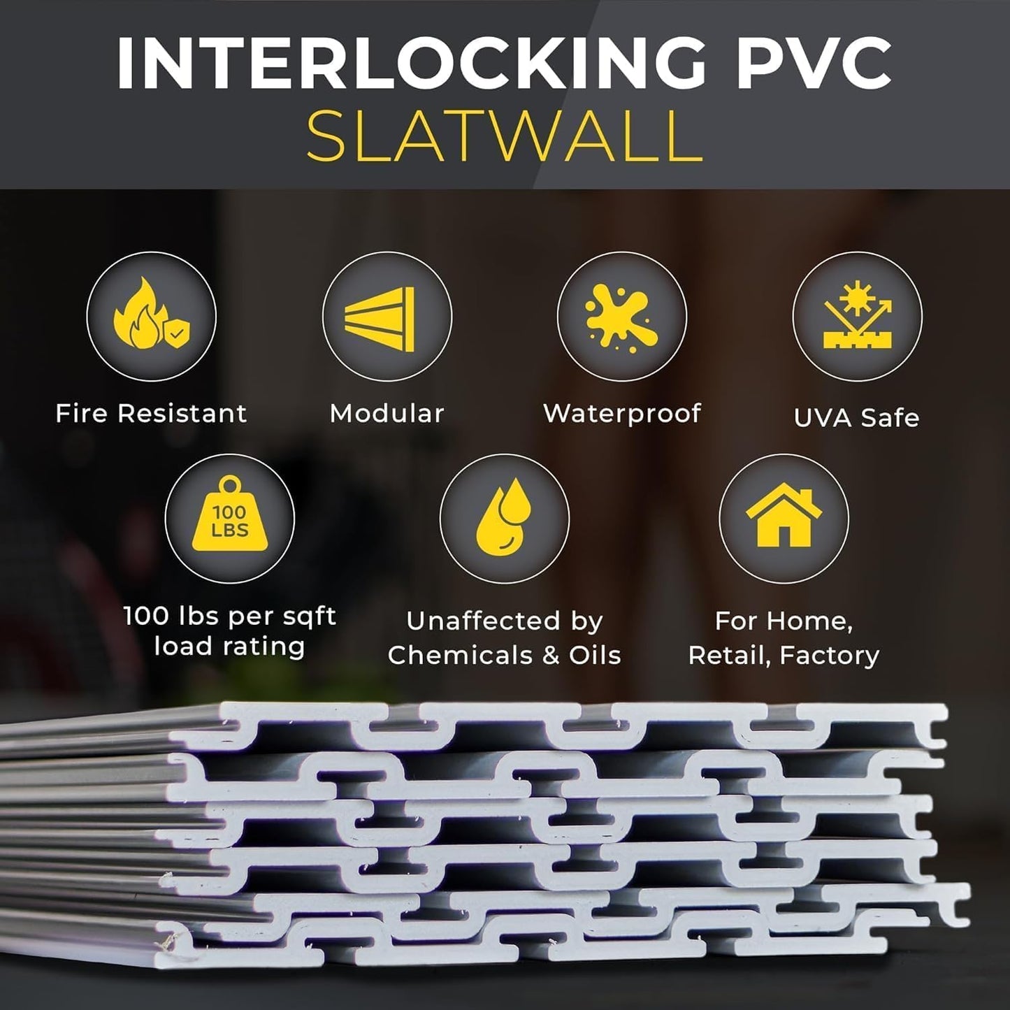 Slatwall Panel Garage Wall Organizer: Heavy Duty Wall Mounted PVC Wall Rack, Interlocking Slat Wall Paneling for Garage Wall Storage, Slatwall Board, Slatwall Shelves System -Black (8’H x 4’W)
