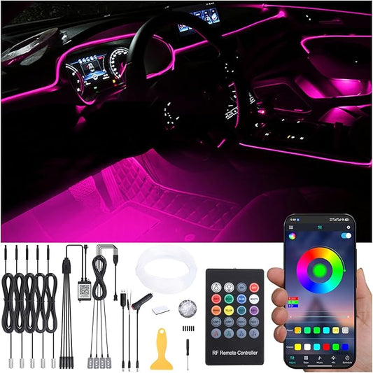 Car Interior Strip Lights, 5 in 1 Multicolor RGB Car Footwell Ambient Lighting Kit, 6m Fiber Optic EL Neon Tube Light, DIY Mode Music Sync RF Remote Control + APP Control DC 12V
