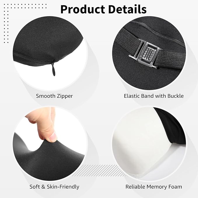Car Headrest Lumbar Support Cushion, Memory Foam Head, Waist Pillow for Car Seat with Detachable Zipper Cover, in Black