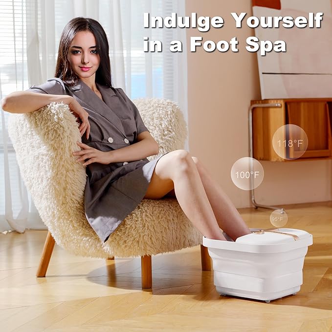 Collapsible Foot Bath Spa with heat and Massage Rollers, Foldable Foot Soak Tub with Bubbles Jets and LED light, Pedicure Foot Spa Massager with Foot Scrubber for Home Use (White)