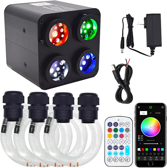 36W 4-Head 4 Color RGBW Twinkle Fiber Optic Lights, Starlight Headliner Kit with Total 1200pcs*0.75mm/0.03in 13.1ft Optical Fiber Cables+Remote and APP Control for Car and Home Interior Decoration