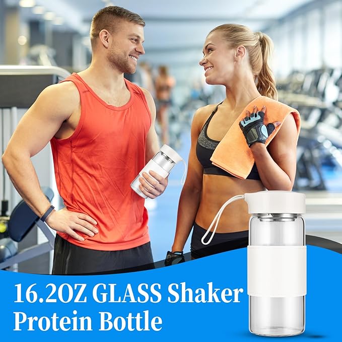 Small Glass Shaker Bottle,16oz BPA Free Odorless Shaker Bottle with 304SS Mixing Ball and Removable Cleaning Brush for Fitness & Protein Shakes(White-1Pack)