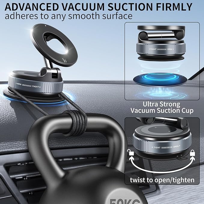 ILKCC Vacuum Suction Magnetic Phone Holder, 2025 Upgraded Vacuum Suction Cup Mount for Magsafe, 360° Adjustable Foldable Portable Magnetic Car Phone Stand for Cars/Gyms/Mirrors/Smooth Surface (Black)
