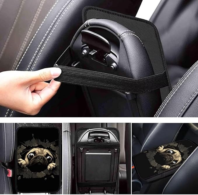 Funny Pug Car Center Console Armrest Pad Cute Dog Car Center Console Cover Dustproof Car Accessoriess Seat Box Pad for Auto Sedan, Van, SUV, Truck