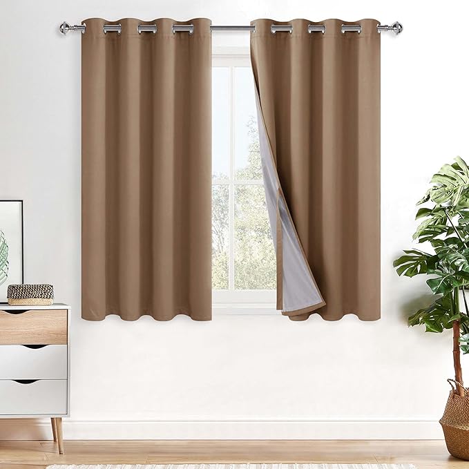 XWZO Full Shading Blackout Curtains 45 Inches Length - Heat and Light Blocking Ring Top Window Drapes with Black Liner Backing for Bedroom Sewn with Tiebacks, Cappuccino, W52 x L45, Set of 2 Panels