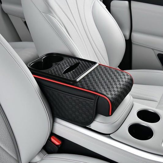 Car Center Console Armrest Pad, Arm Rest Box Cushion with Ergonomic Height Boost, Storage Pockets, Built-in Tissue Box, Cupholder, Fit for Most Sedan Vehicles (Embossing Checkerboard, Black-Red)