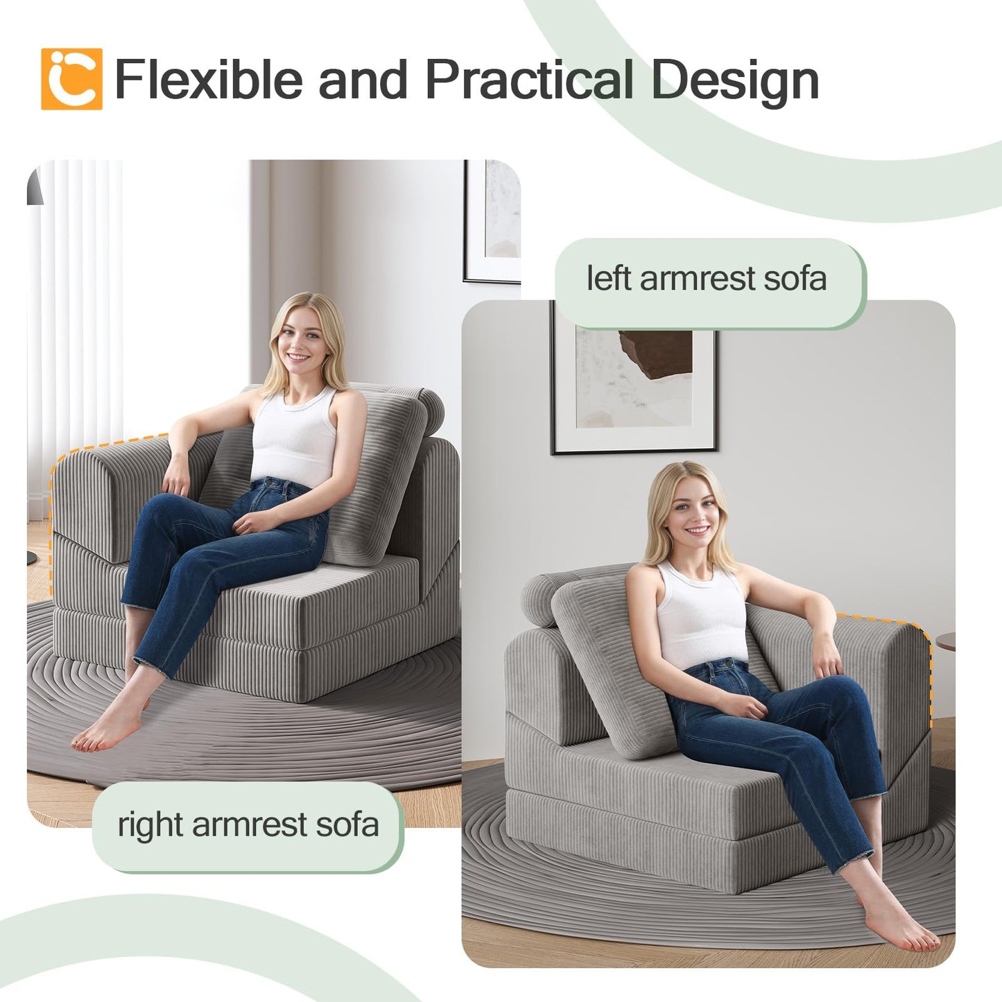COMAX Folding Sofa Bed, 8-in-1 Foldable Floor Couch Corduroy Convertible Futon Sofa, Fold Out Chair Bed Sleeper Mattress Comfy Portable Lounge Loveseat Guest for Living Room Bedroom, Light Grey