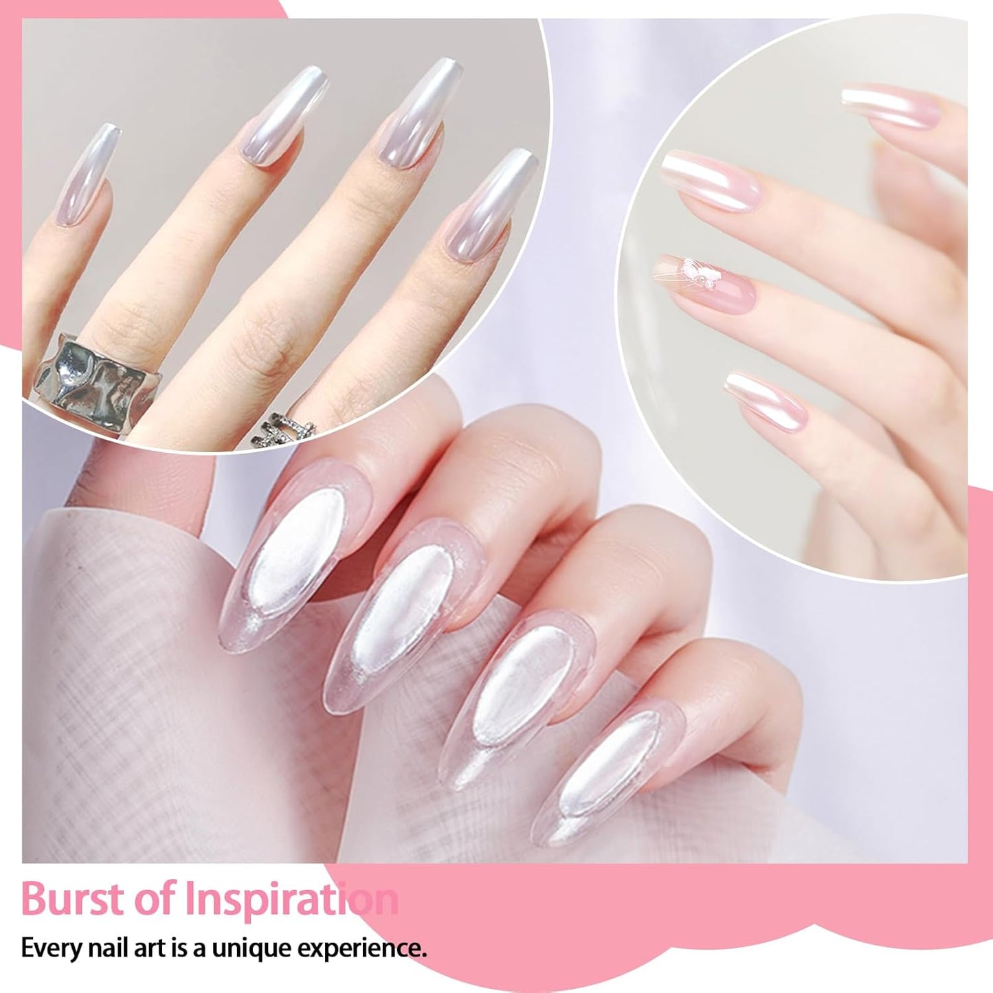 Allstarry White Pearl Chrome Nail Powder, Iridescent Aurora Powder Metallic Mirror Effect Glitter Powder Pearlescent Ice Transparent Mermaid Pigment Pearl Glitter Dust Kit for Nail Art Decoration