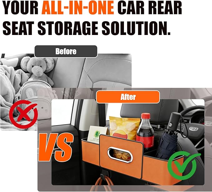 Car Backseat Organizer Multifunction Storage Box Vehicle Seat Accessories Cup Tissue Trash Hooks Phone Snack Drink Handbag Leather Interior Utility Portable Durable Easy Installation Secure(Orange)