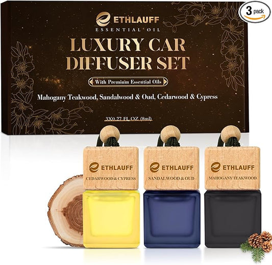 Car Air Freshener Hanging, 3 Pcs Teakwood Mahogany, Sandalwood & Oud, Cedarwood & Cypress, Wooden Scent Air Fresheners Diffuser for Car, 45+ days Long Lasting Fragrance, 0.27 FL OZ/8ML
