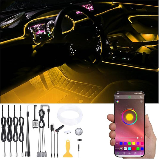 5 Meters Optic Fiber Car Ambient Footwell Lighting with Bluetooth App Control 64 Colors Multicoloured Music Interior Lighting Kit DC 12V 1W