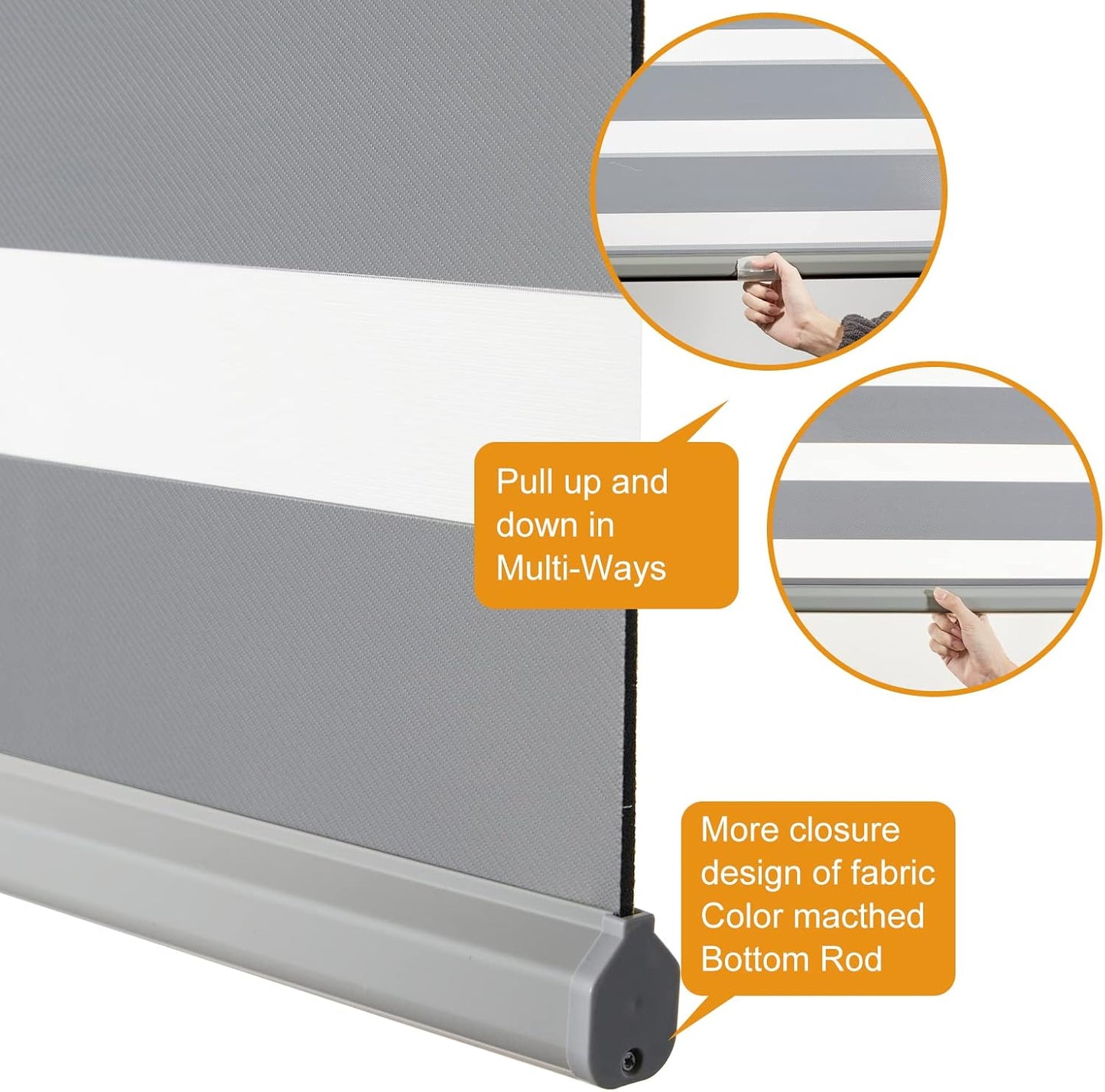 Persilux Cordless Zebra Blinds for Windows Free-Stop Roller Windows Shades (36" W X 64" H, Grey) Dual Layer Light Control for Day and Night, Light Filtering Sheer Shades for Home, Easy to Install