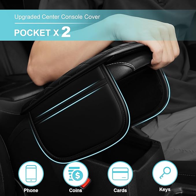 Center Console Cover Fit for Kia Soul 2010-2025 with 2 Storage Bags Waterproof Leather Quilted Pattern Car Armrest Cover Cushion Anti - Slip(Black)