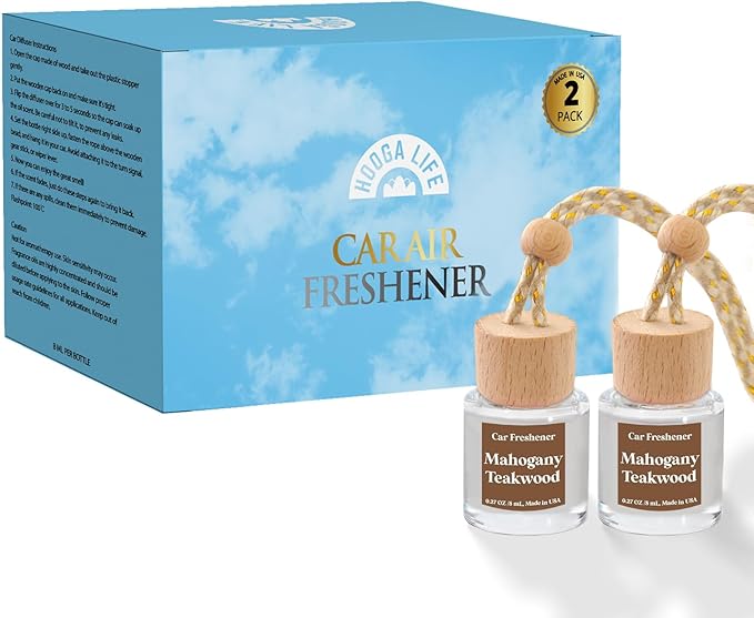 HoogaLife Car Air Freshener Diffuser 2 Pack Hanging Mahogany Teakwood Car Air Freshener for Women 45+ Days Long Lasting Fragrance Made in USA