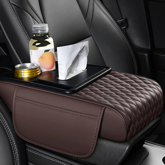Car Center Console Armrest Pad, Arm Rest Box Cushion with Ergonomic Height Boost, Storage Pockets, Built-in Tissue Box, Cupholder, Fit for Most Sedan Vehicles (Embroidery Water Ripple, Coffee)