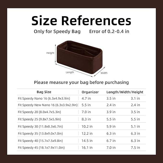 DGAZ Silk Purse Organizer Insert Fits LV Speedy 16/20/25/30/35/45 bags，Silky Smooth Bag Organizer，Luxury Handbag & Tote Shaper（Global Brown，New nano 16）