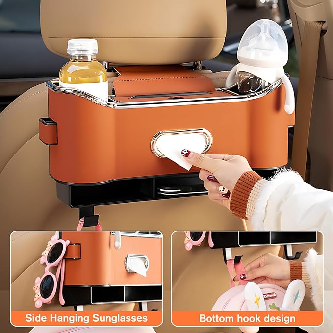 Multifunctional Car Seat Back Storage Box, Universal Car Seat Organizer, Car Seat Tissue Box and Organizer, Car Seat Paper Towel Organizer， Car Organizer with 2 Drink Cup Holders (White)