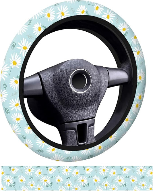 Car Steering Wheel Cover, Universal 15 Inch Neoprene Non-Slip Steering Wheel Covers, Funny Car Accessories for Women Men Fit Auto, Suvs, Truck Sweet Daisy Flowers
