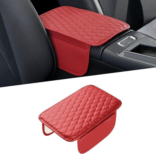 Car Center Console Cover, Universal Center Console Protector Pad with Soft Microfiber Leather & 2 Storage Pockets, Non-Slip Cushion for Car SUV Truck Interior Accessories (Red)