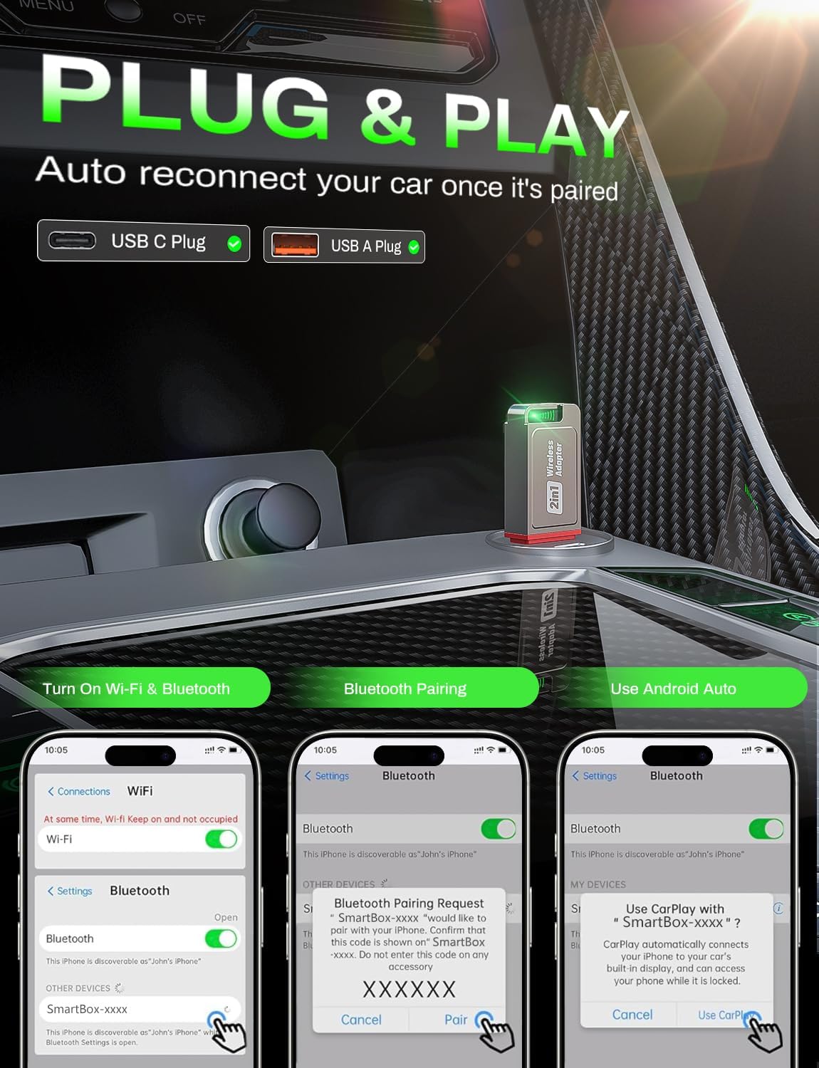2-in-1 Wireless CarPlay Adapter Support Apple CarPlay & Android Auto, Mini Bluetooth USB A & USB C Dongle Convert Wired to Wireless Compatible with iPhone & Android