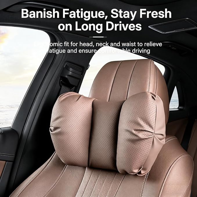Car Neck Pillow & Lumbar Support for MINI F55 2025-2026 Ergonomic Breathable Mesh Auto Seat Back Cushion Headrest,Brown-Neck Pillow
