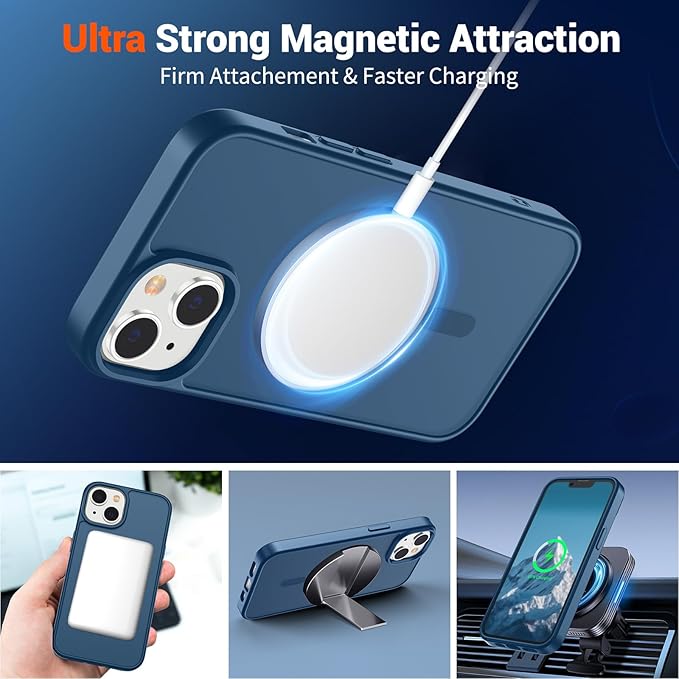 SUPFINE Magnetic for iPhone 15 Plus Case & iPhone 14 Plus Case with Screen Protector (Compatible with MagSafe)(Military Grade Drop Protection) Translucent with Anti-Fingerprint Phone Case,Deep Blue