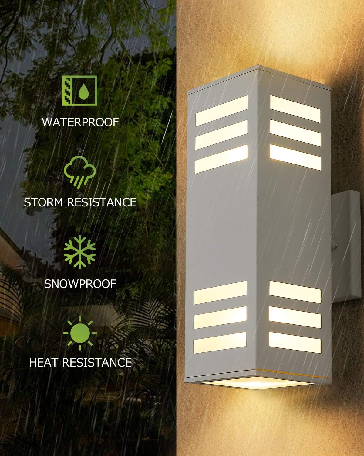 harriet Porch Lights Outdoor Modern - IP64 Waterproof Aluminum and Tempered Glass Cover, 13" Rectangular Up/Down Wall Sconce for Porch, Garage & Patio, Exterior Lighting, White, 2 Pack